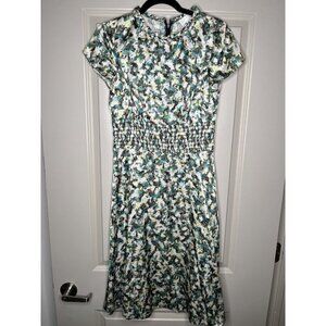 DYVNA Hammered Silk Satin Midi Dress Short Sleeve Green Black Pattern Size 4